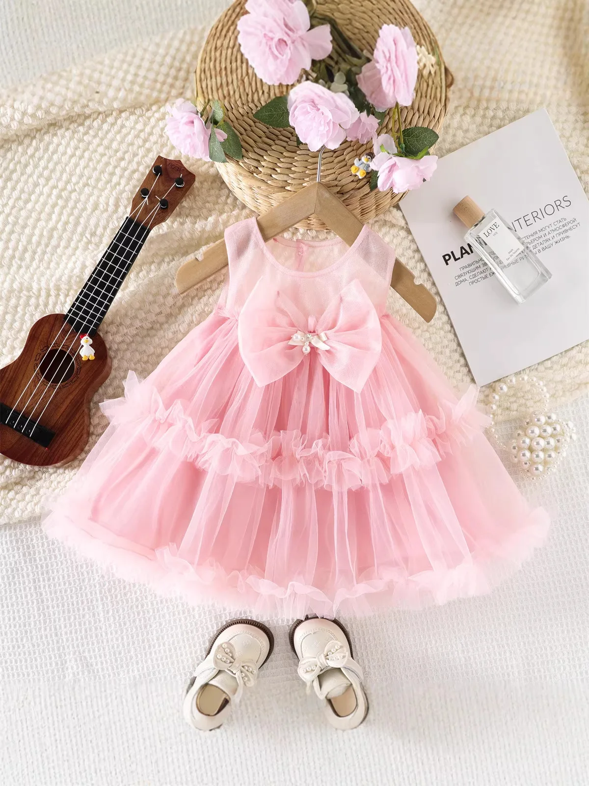 Vestido de malla veraniega sin mangas para niñas con lazo bonito - imagen 2