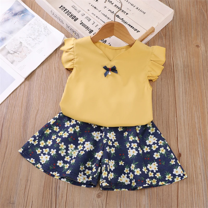 Nueva ropa de verano para niñas, traje, chaleco para niños, pantalones cortos, 2 unids/set, ropa para niños, disfraz informal de algodón, chándales para niños pequeños - imagen 3