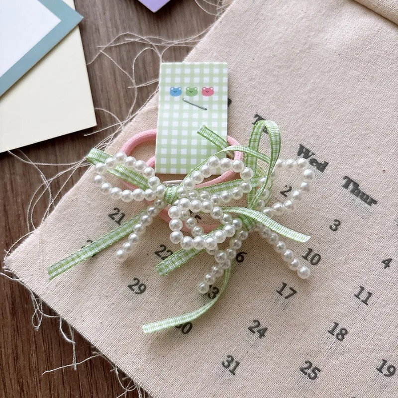 Lazos para el cabello con lazo a cuadros dulces de primavera, color caramelo con perlas, corazón de niña, bandas para el cabello de alta elasticidad para niños, no dañadas. - imagen 5