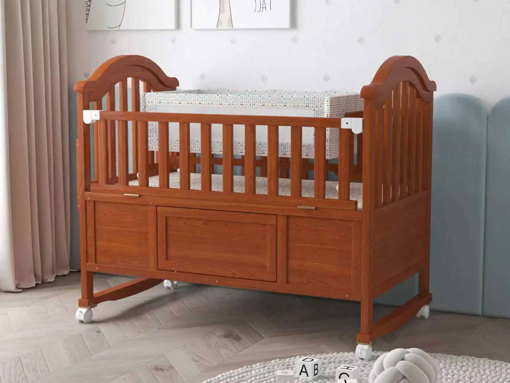 Cama de bebé de madera ajustable con cuna oscilante sólida, diseño moderno para dormitorios elegantes para dormir o uso en cuna - imagen 4