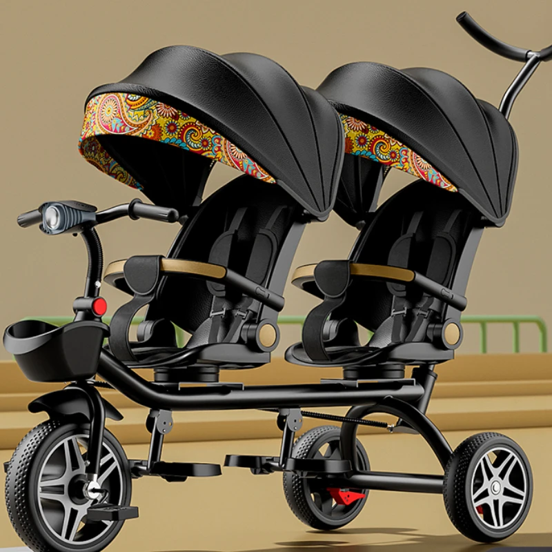 Barandilla de seguridad para triciclo para niños gemelos, freno trasero antideslizante, asiento desmontable, diseño plegable para viajes en centro comercial con portabebés doble - imagen 4