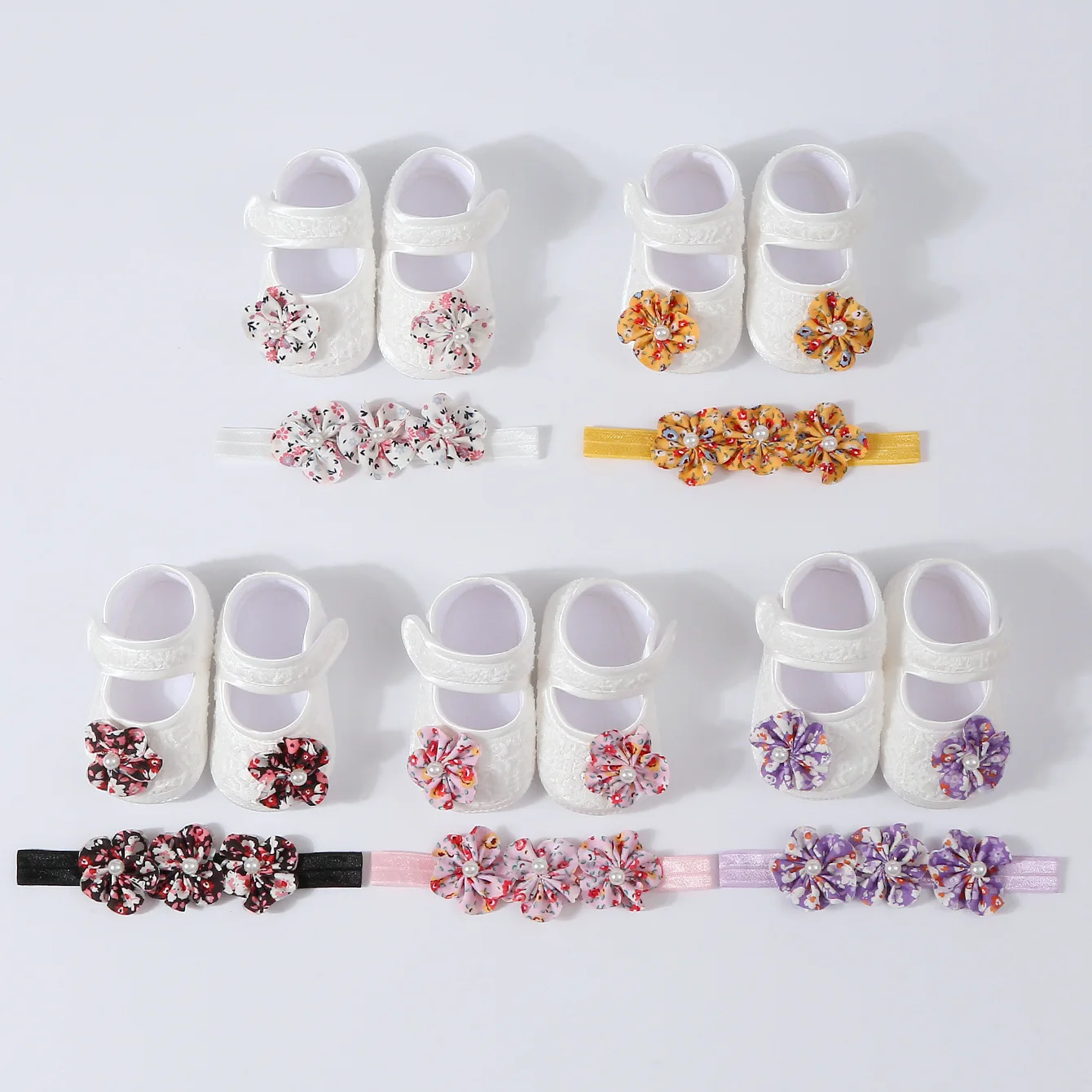 New 1Set Floral Pearl Headband Antiskid White Baby Shoes Newborn Toddler Prewalker Shoes Solid Floor Socks Girls Socks Headwear