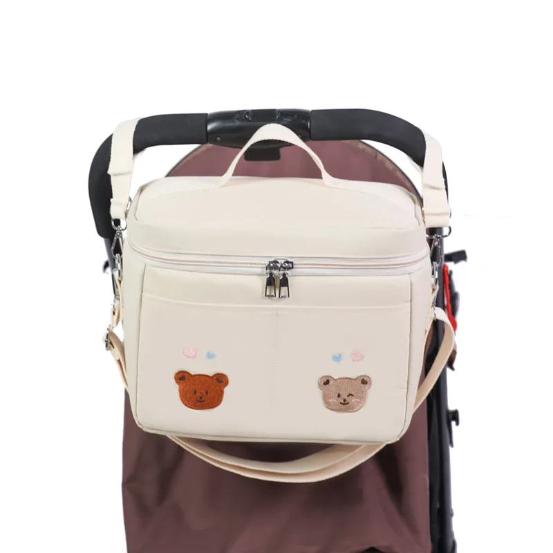 Bolsa de pañales para cochecito de bebé, bolso de mamá con bordado de flores de oso bonito de Corea, bolso de hombro de maternidad suave, organizador de pañales portátil para bebé - imagen 2