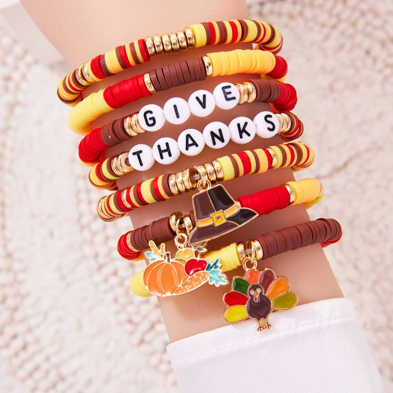 1/2 Uds. Conjunto de pulsera con colgante de hoja de arce de pavo de Acción de Gracias de Color aleatorio pulsera de cristal naranja de calabaza de cosecha de otoño - imagen 3