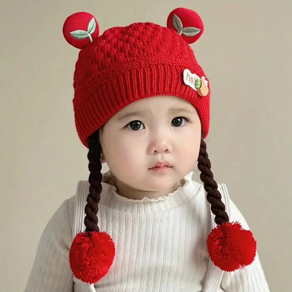 Protección para los oídos engrosada para brazo, adecuada para salidas diarias y viajes, gorro para niños, bonito gorro tipo jersey de dibujos animados con trenzas para niñas