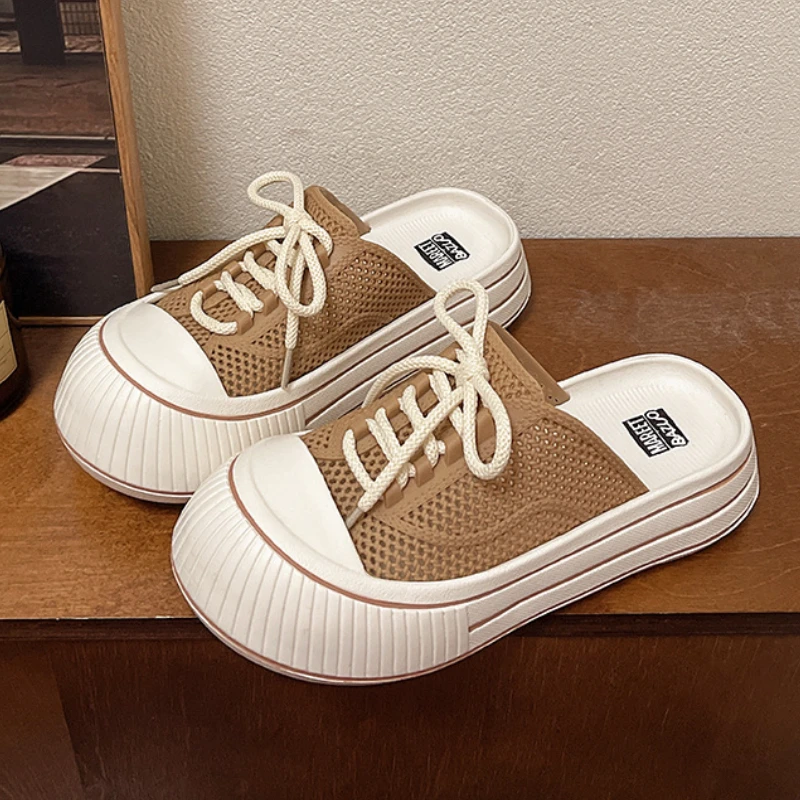 Zapatillas de plataforma de verano con cordones de malla transpirable para mujer, zapatos de calle para el hogar, sandalias sin cordones de estilo coreano con suela gruesa para niñas
