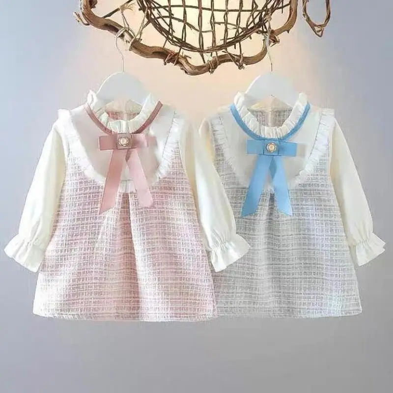 Bonito vestido azul para niños, nuevo diseño, falda informal a cuadros de 0 a 3 años, ropa de primavera y otoño, falda rosa de manga larga para niñas