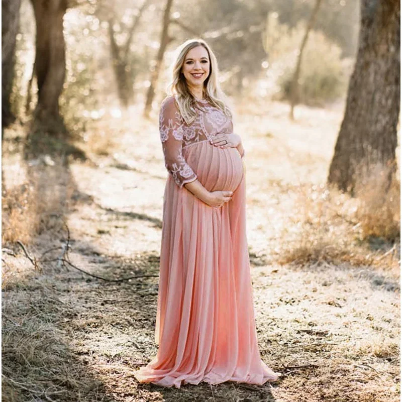 Vestido premamá de encaje con manga larga para sesión de fotos - imagen 4