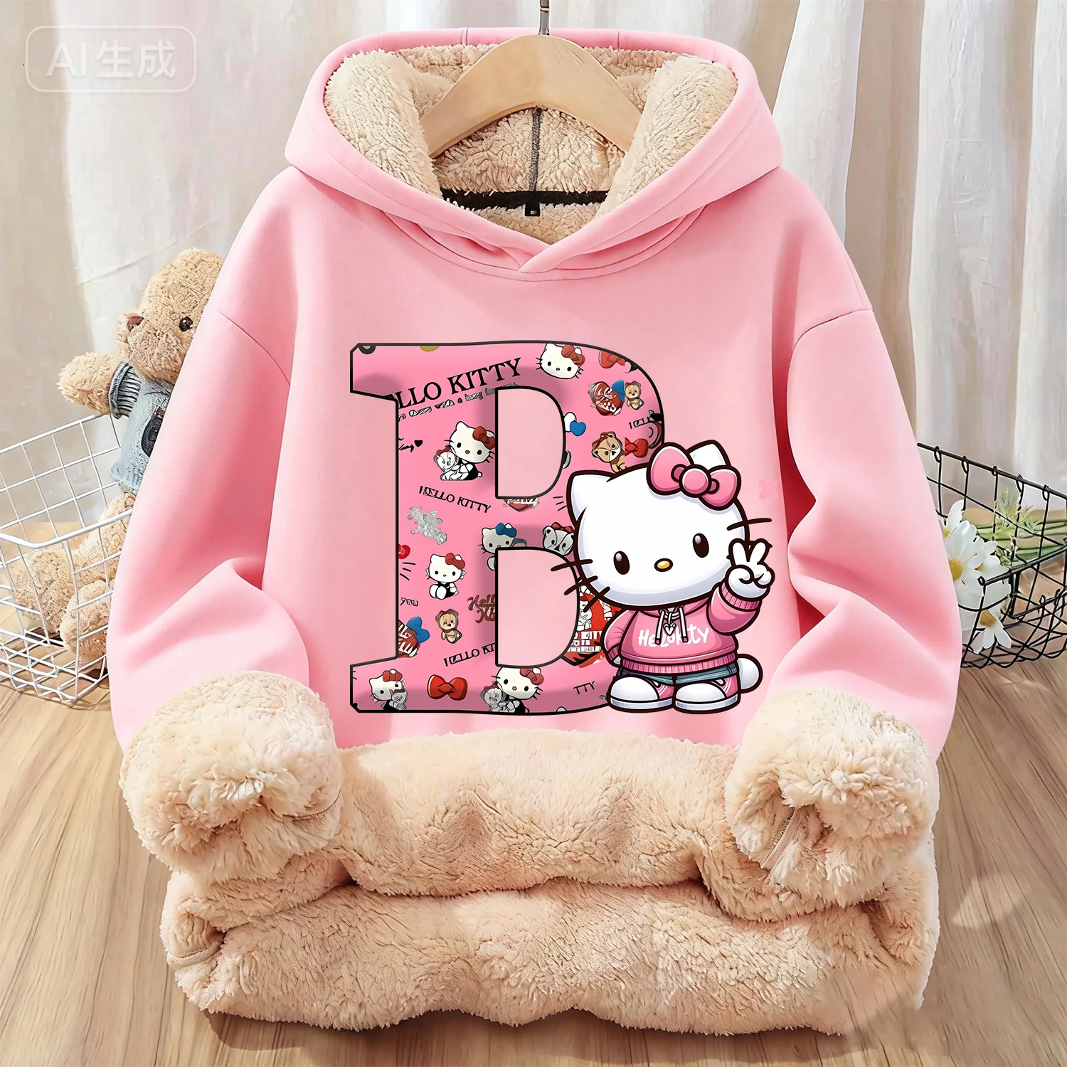 Sudadera gruesa con capucha de Hello Kitty para niños, ropa de dibujos animados, sudadera de lana Kawaii, ropa con capucha cálida rosa para invierno, regalo para niños - imagen 3