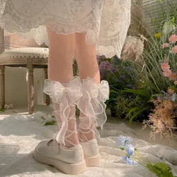 Calcetín de pantorrilla de moda dulce de verano para niños y niñas, calcetín con cinta de lazo a rayas blancas y negras para niños, bonito calcetín escolar coreano de encaje