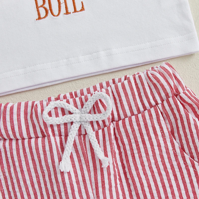 Suefunskry Conjuntos de pantalones cortos de verano para niños, camisetas de manga corta con cuello redondo y estampado de maíz y langosta y pantalones cortos a rayas - imagen 5