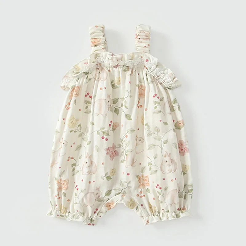 Conjuntos de 2 piezas de peleles de verano para niñas recién nacidas, ropa coreana con lazo de flores, monos de algodón sin mangas con estampado + sombrero, cosas para bebés B099 - imagen 2