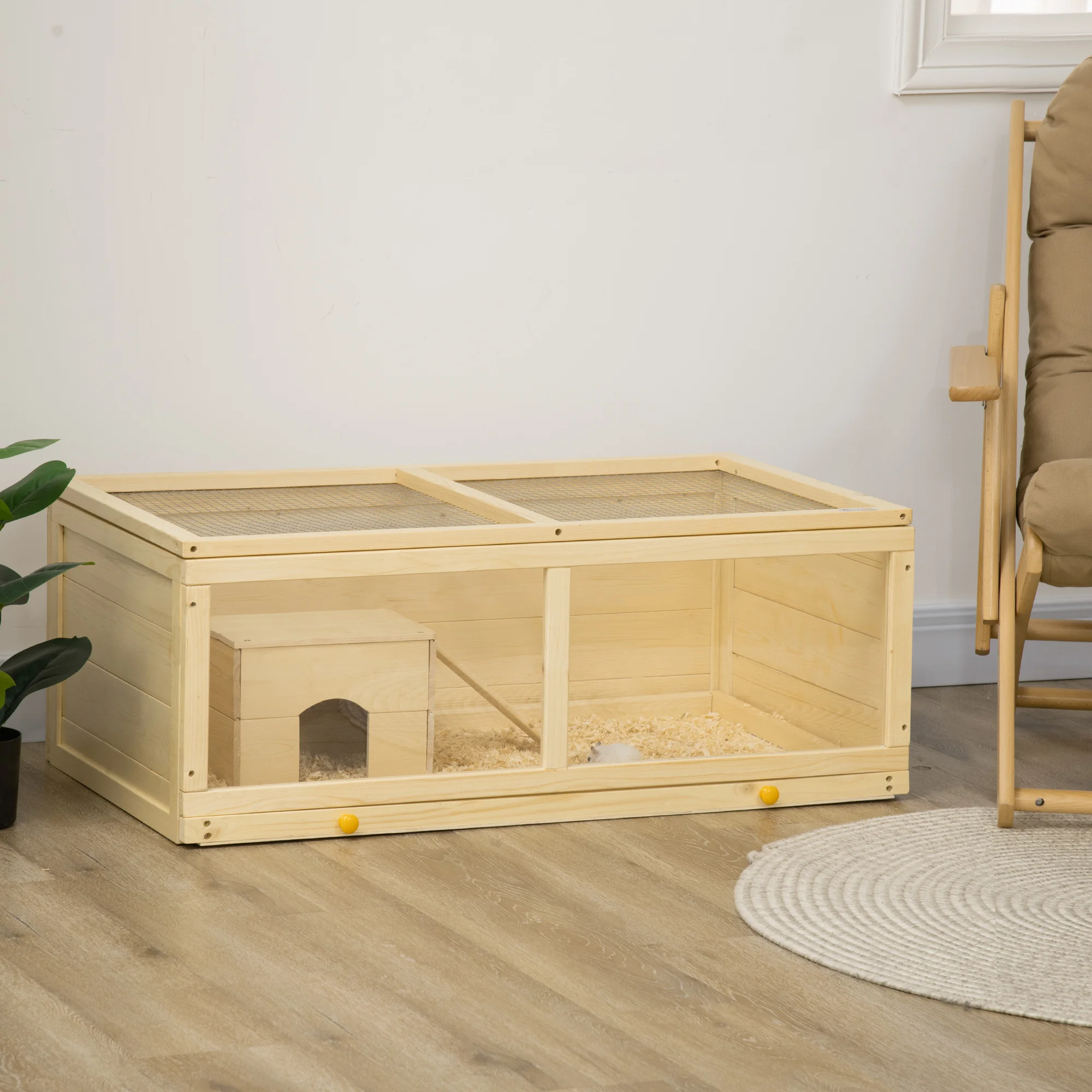 PawHut Jaula para Hámster de Madera 100x58x38 cm Casa para Roedores con Tapa Abatible Panel de Acrílico Bandeja Extraíble y Cabaña para Conejos Chinchillas Natural - imagen 2