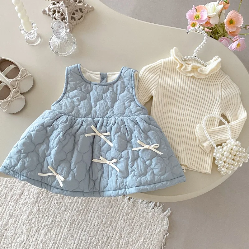 Vestidos para niños 9M-2T, vestidos gruesos con chaleco, vestido con lazo para niñas, forro de piel, vestidos gruesos, opción de prendas de punto - imagen 3