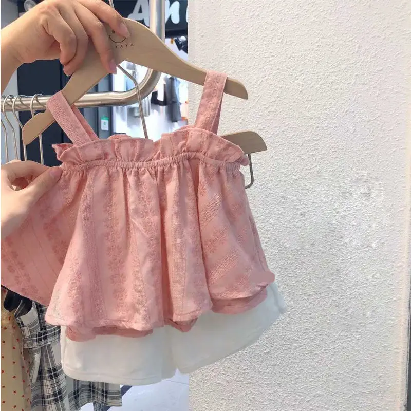 Conjuntos de trajes para niñas, ropa informal de verano para niñas, conjunto de tirantes rosas y pantalones cortos blancos, ropa para niñas