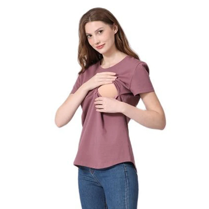 Camiseta de lactancia con cremallera lisa de verano, Tops de maternidad para embarazo, ropa de lactancia de manga corta, camisa para mujeres posparto de talla grande - imagen 5