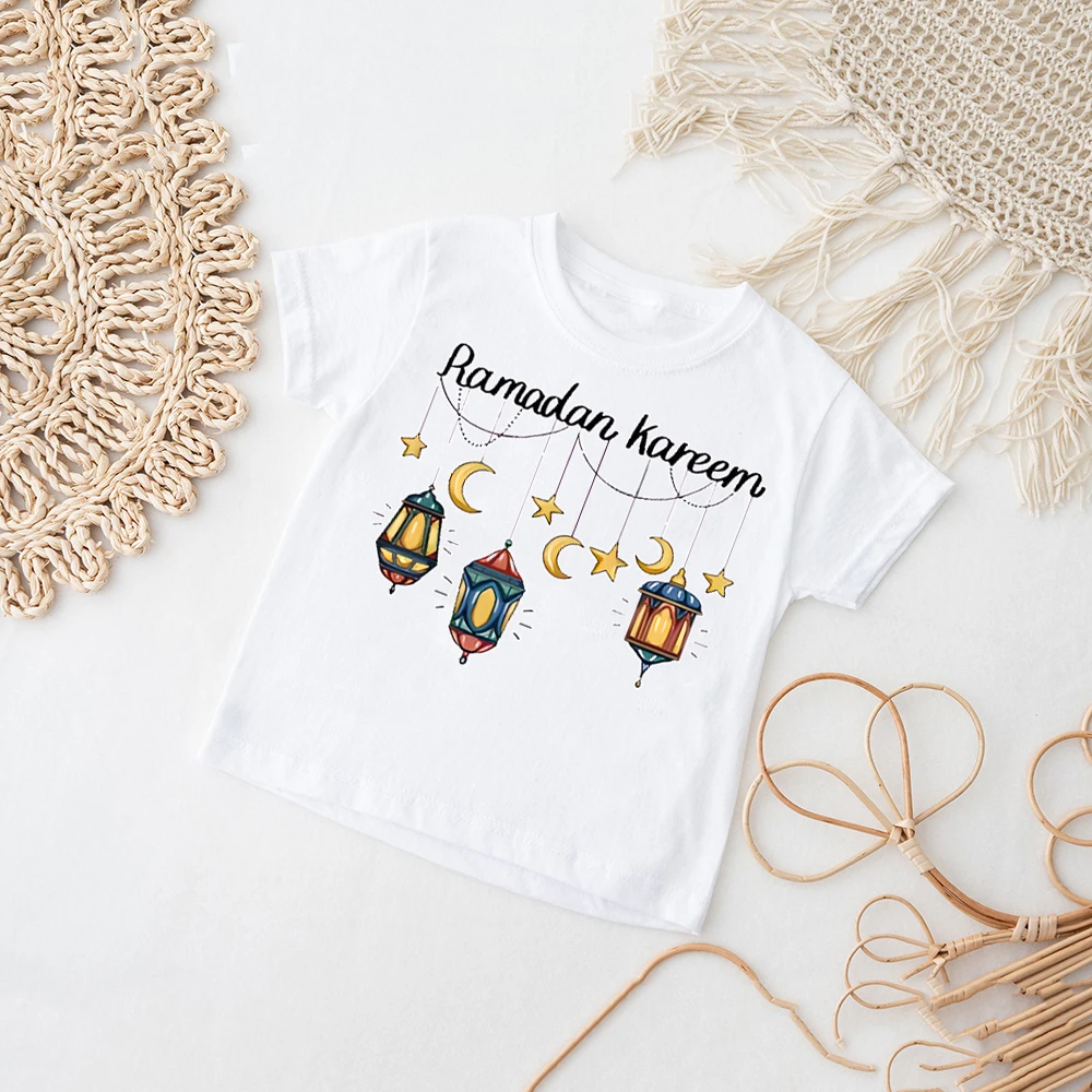 Camisa con estampado de Ramadán Kareem para niños, traje de Eid Ramadán para niños, camiseta islámica musulmana de vacaciones, camiseta de manga corta para niños y niñas