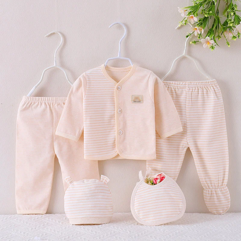Conjuntos de 5 piezas de primavera y otoño para niños y niñas, Tops informales de algodón de manga larga a rayas, pantalones, sombrero y Baberos, ropa para bebés recién nacidos BC509 - imagen 4
