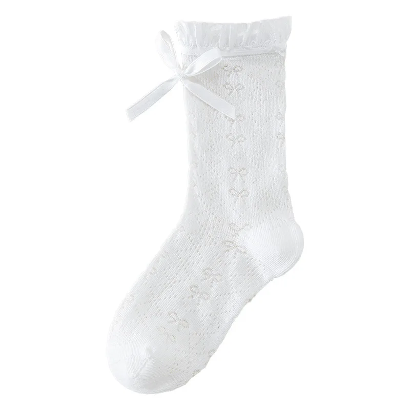 1 par de calcetines de encaje blanco de verano para niñas, calcetines de princesa sin costuras a media pantorrilla con malla con lazo, bonitos calcetines de algodón transpirables - imagen 5