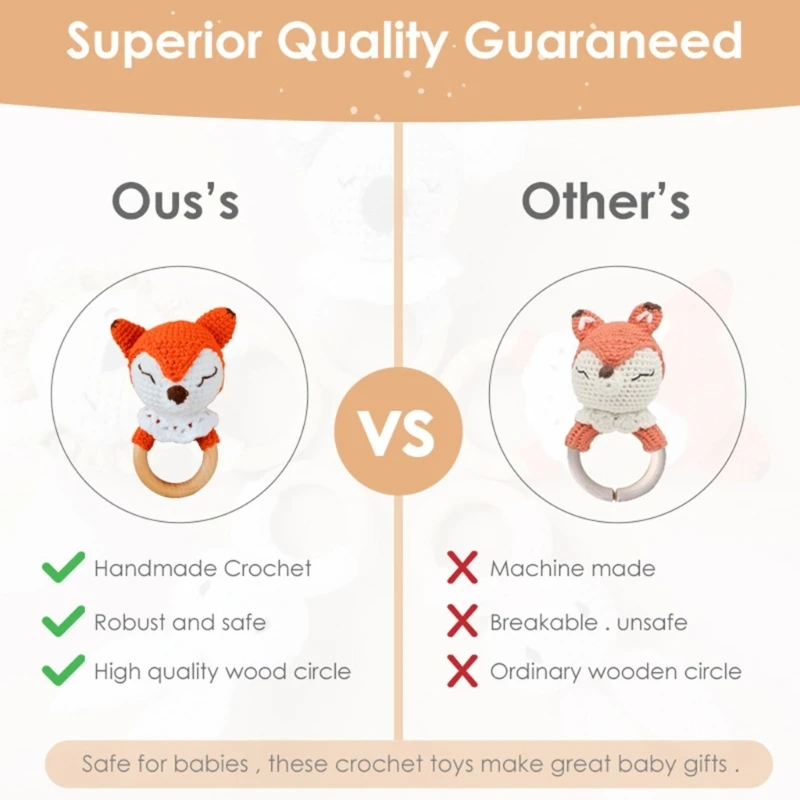 Sonajero de ganchillo hecho a mano para bebé, juguete seguro de madera de haya, anillo de dentición para recién nacido, mordedor para aliviar el dolor de encías - imagen 4