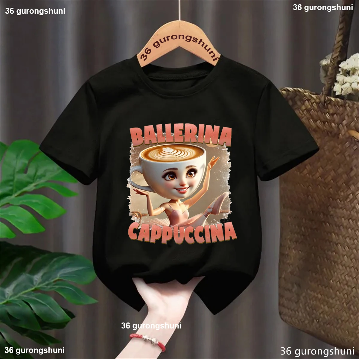 Camiseta con estampado con dibujo de capuchino de bailarina para niñas, ropa divertida para niños, camiseta blanca/negra/rosa/roja de manga corta a la moda de verano