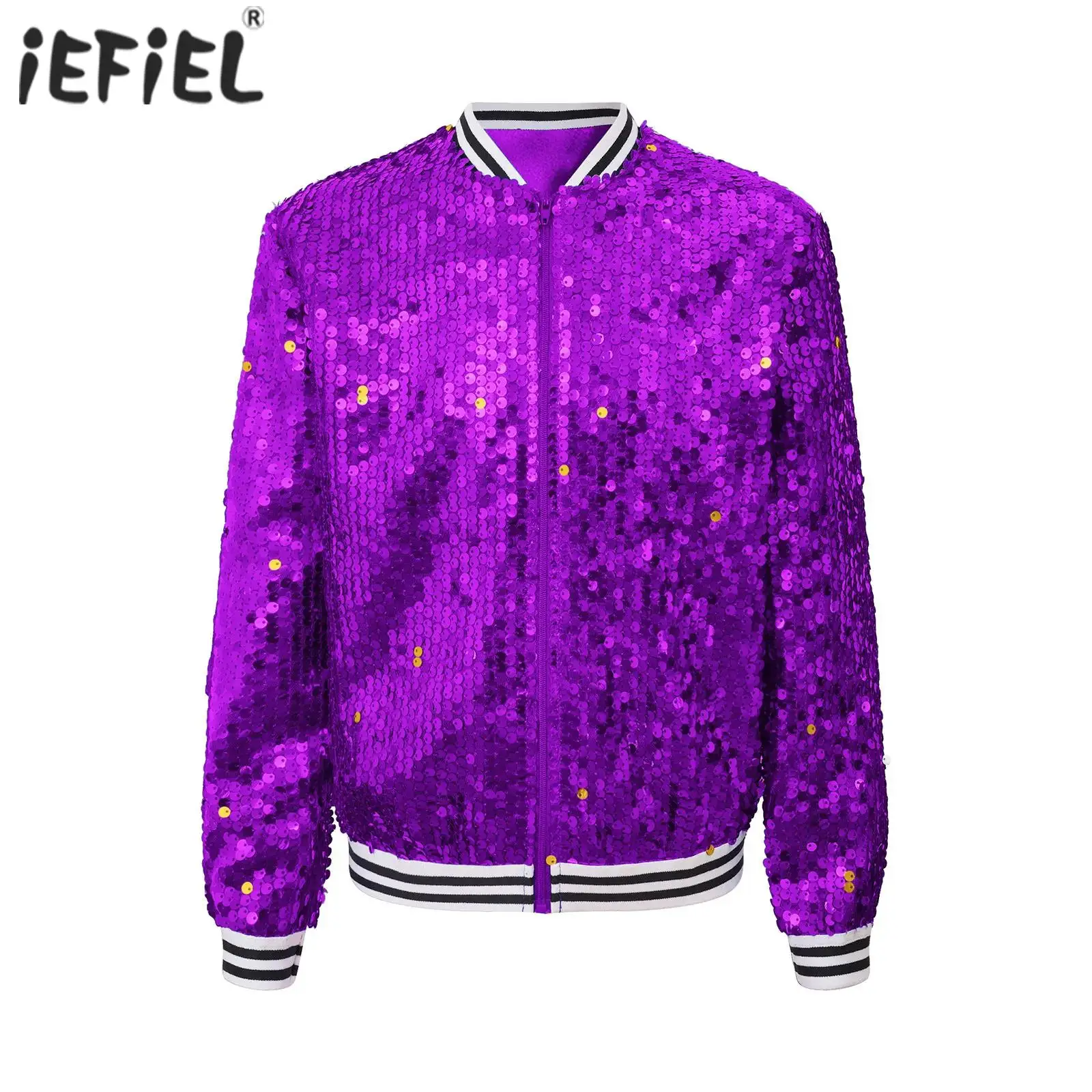 Chaqueta de lentejuelas brillantes para niñas, abrigo de béisbol de manga larga con cremallera frontal, ropa de abrigo con adornos a rayas, chaquetas de fiesta de baile moderno de Jazz