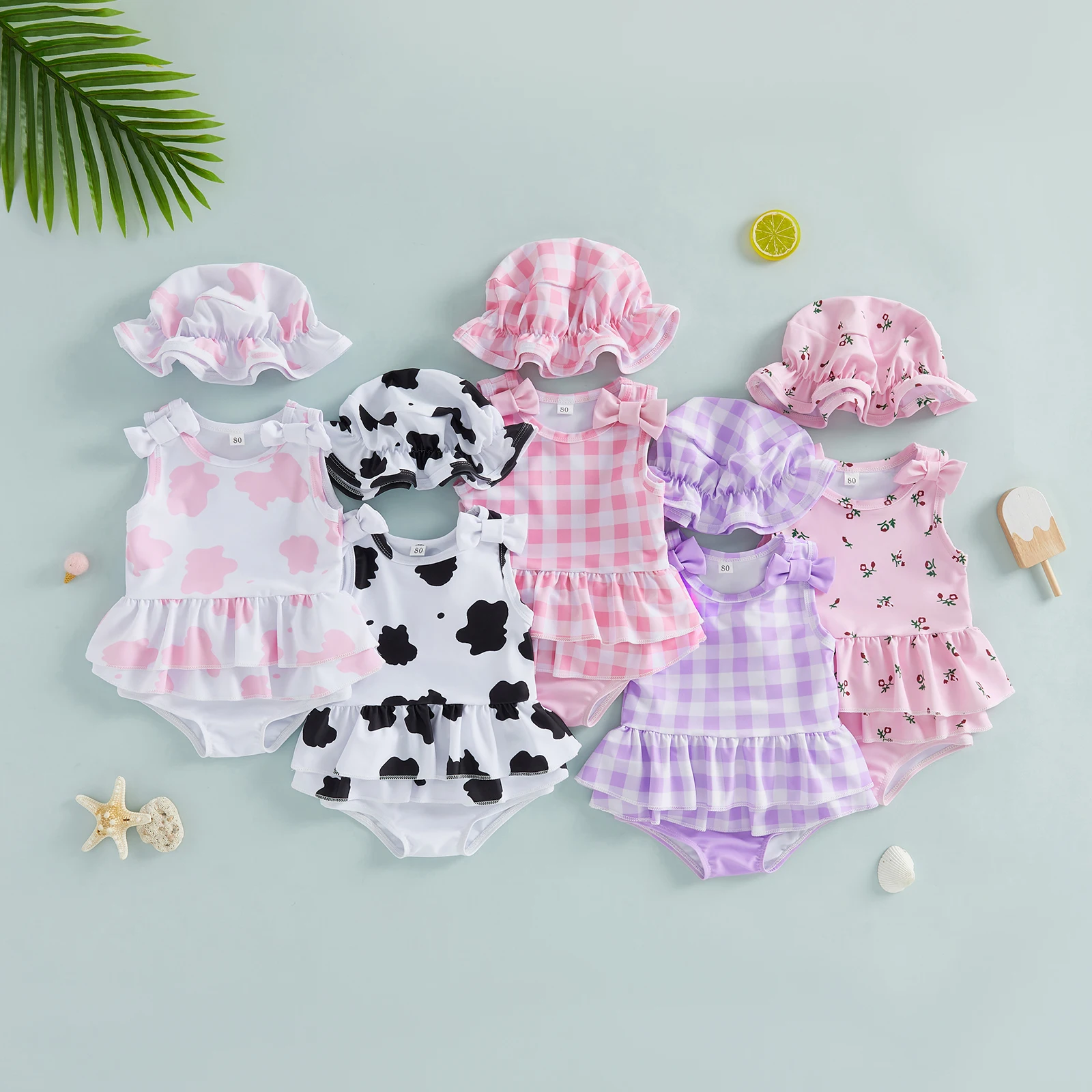 Traje de baño de niña con estampado cuadros y flores, volantes - imagen 3