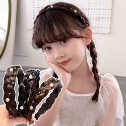 Diadema trenzada de perlas realista para niñas y niños, pinza para el pelo falsa con soporte para moño giratorio, accesorios para el cabello de princesa para niños de 3 a 10 años