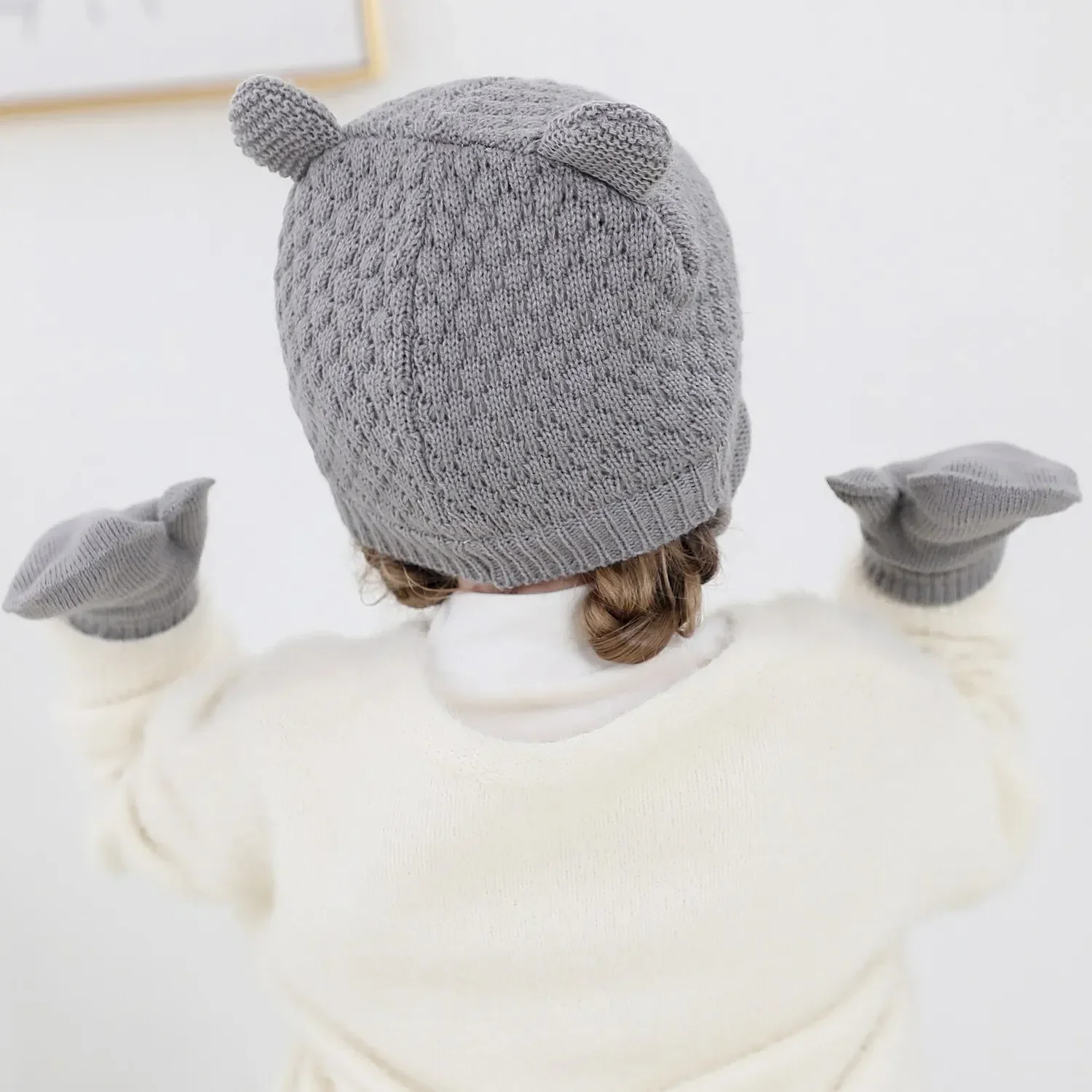 Conjunto de gorro y guantes de punto para bebé, 2 uds., Color sólido, protección para los oídos para otoño e invierno, gorro para niño pequeño para niñas y niños, bonito guerra al aire libre - imagen 4