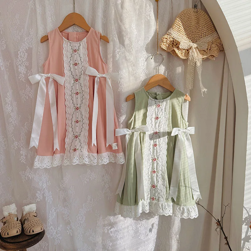 MILANCEL nuevo vestido de verano para niños niñas lindo encaje bordado flores vestido veraniego niños suelto Simple arco prendas de vestir