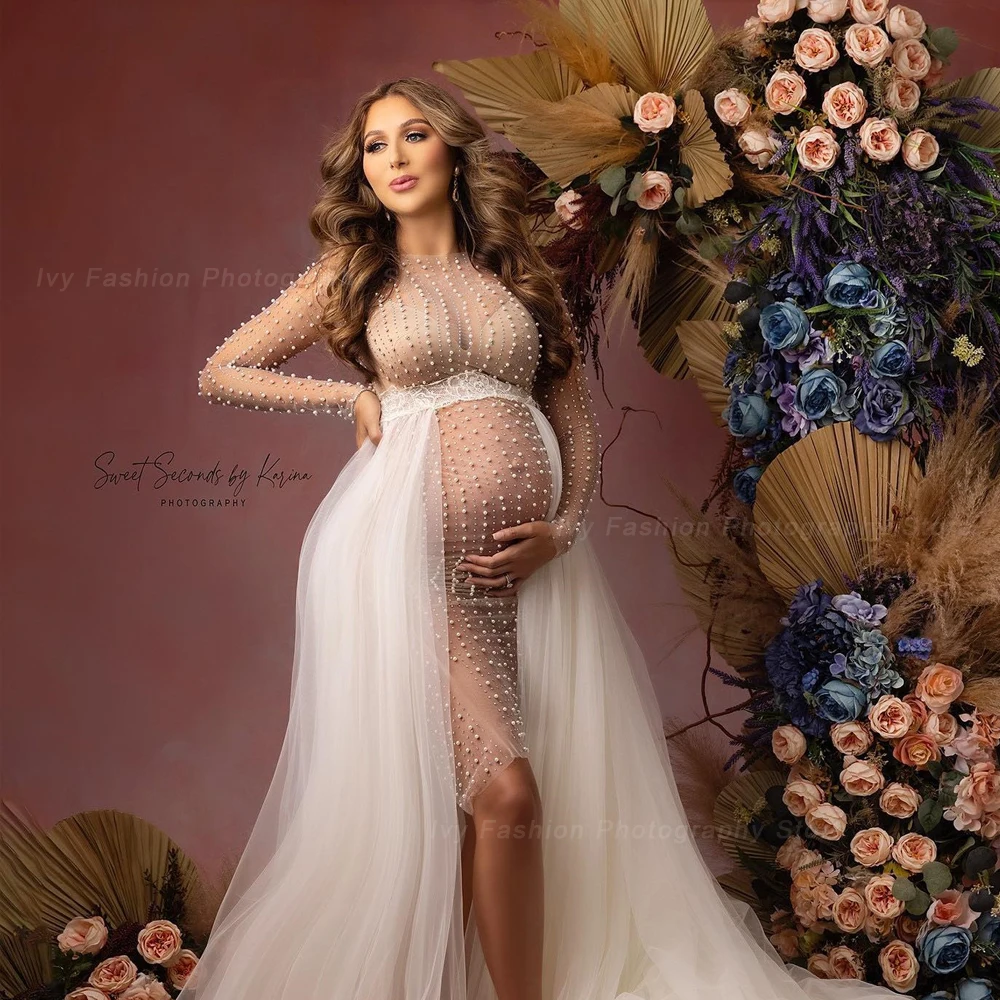 Vestido premamá de tul con perlas para fotos embarazo