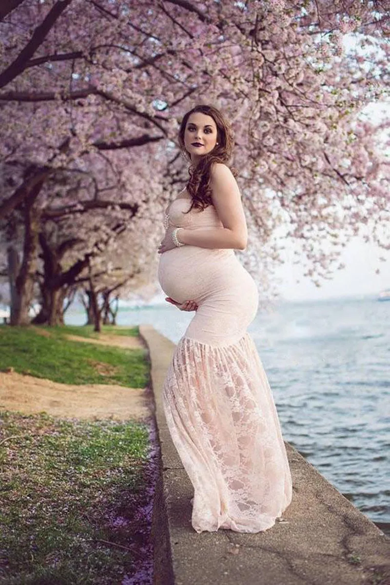 Vestidos sexis sin tirantes para sesión de fotos de maternidad para Baby Shower, vestido para fotos de embarazo para mujeres, ropa larga de fotografía para embarazadas de encaje rosa