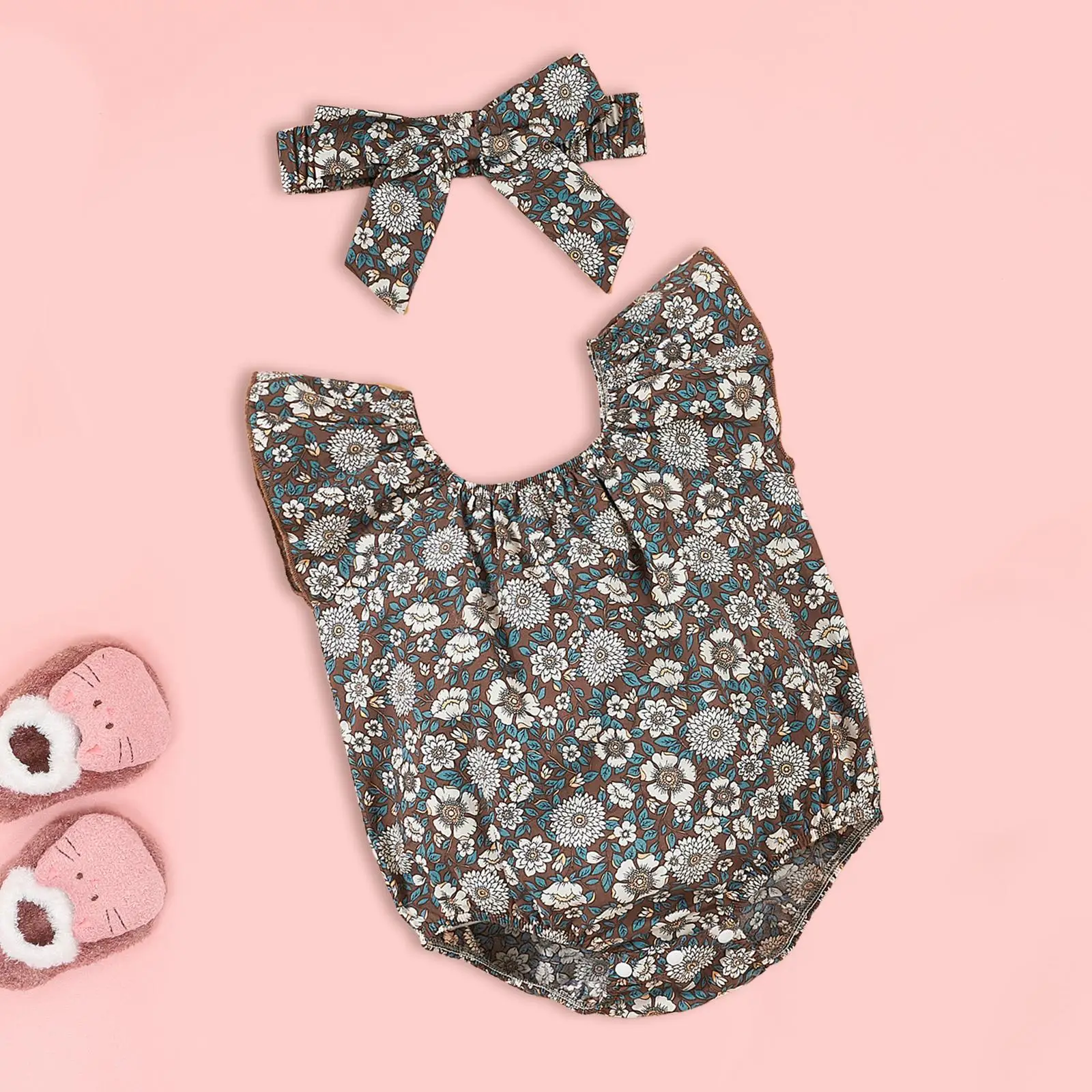 2Pcs Baby Girl Sleeveless Jumpsuit Headband Round Neck Floral Print Newborn Rompers for Club Travel Easter Photography Vacation