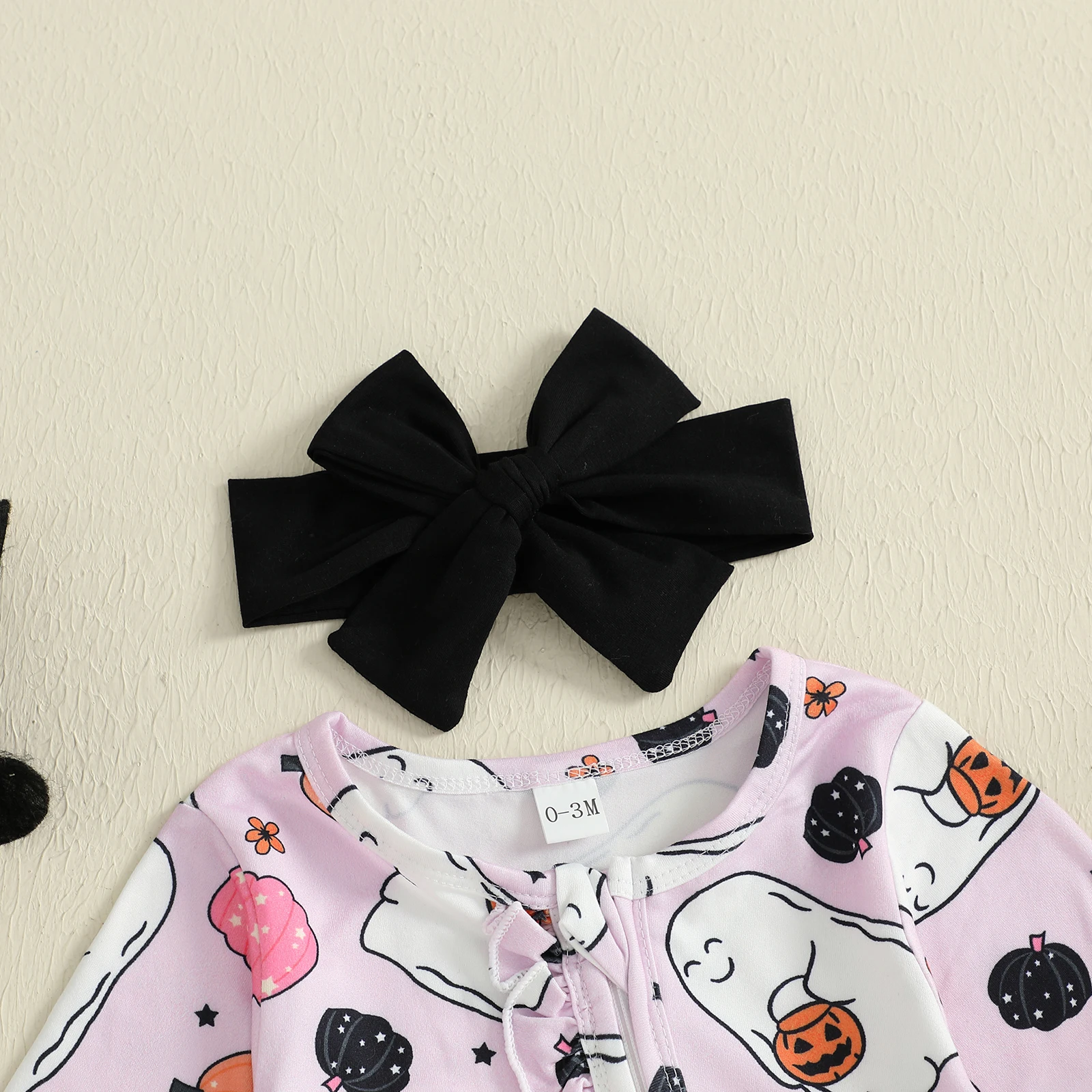 Conjunto de 2 piezas de mameluco con patas de manga larga y cuello redondo con estampado de fantasma de calabaza para niña de Halloween - imagen 4