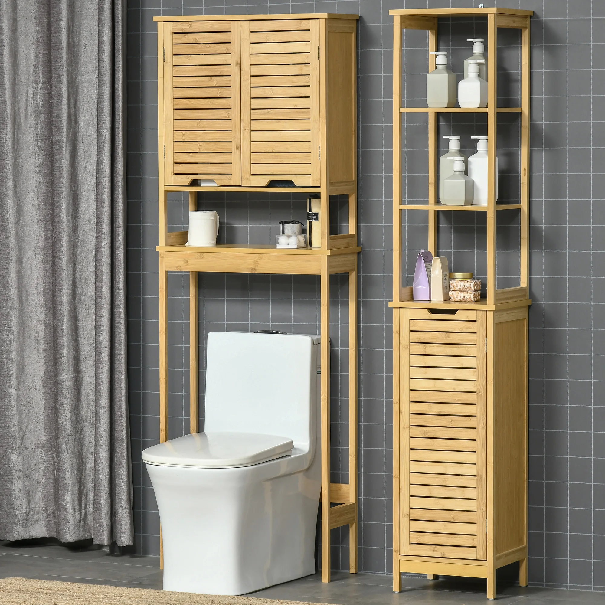 kleankin Mueble de Bambú sobre Inodoro Armario Alto para Lavadora con 2 Puertas 1 Balda Interior y 1 Estante de Almacenaje para Baño 60x23x173 cm Natural - imagen 2