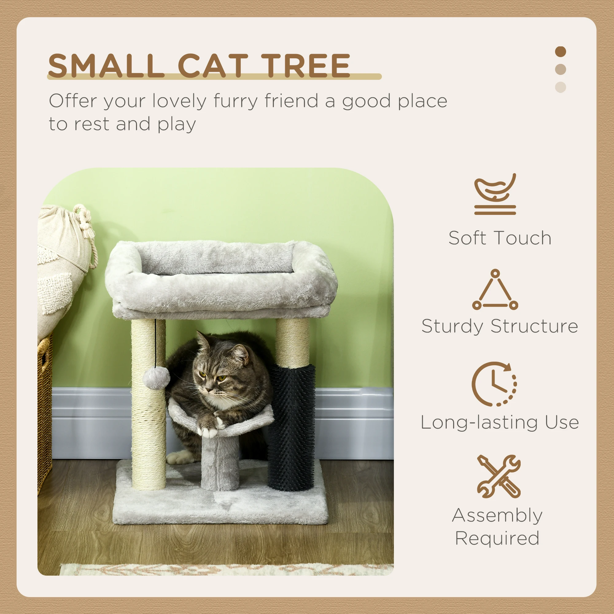 PawHut Rascador para Gatos Árbol para Gatos Altura 48 cm con 2 Postes Rascadores Cama Plataforma en U y Cepillo Bola Colgante Gris - imagen 4
