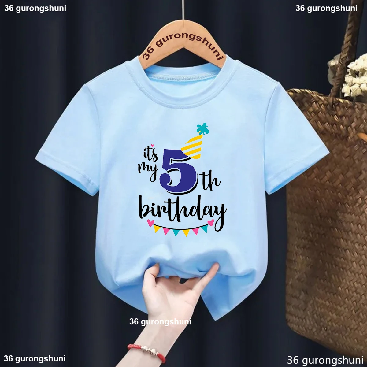 Camiseta con estampado gráfico de cumpleaños para niñas y niños, ropa Kawaii para niños, azul y gris, camiseta de verano, It Is My 3nd/4th/5th/6th - imagen 4