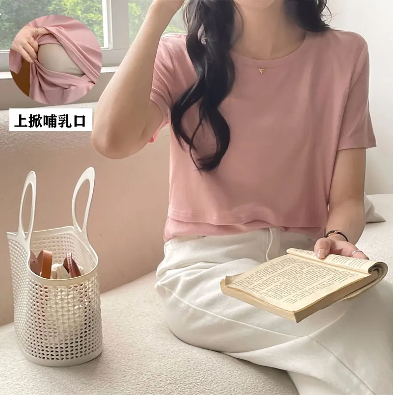 9082 #   Camisetas informales de algodón liso para maternidad y lactancia, camiseta con cubierta para madre posparto, Tops para embarazo 2023 - imagen 2