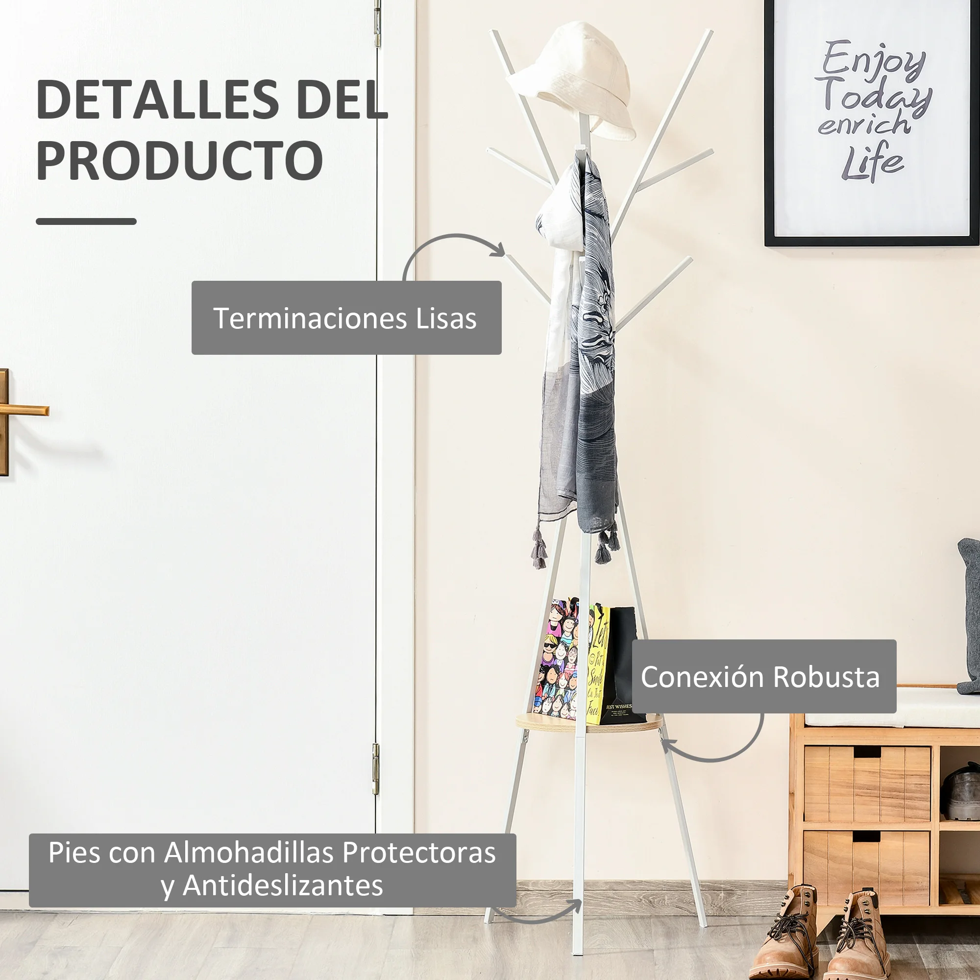 Perchero de Pie Metálico para Colgar Ropa Bolsas 9 Ganchos con Estante Forma de Árbol Perchero Vintage 45x45x180cm - imagen 5