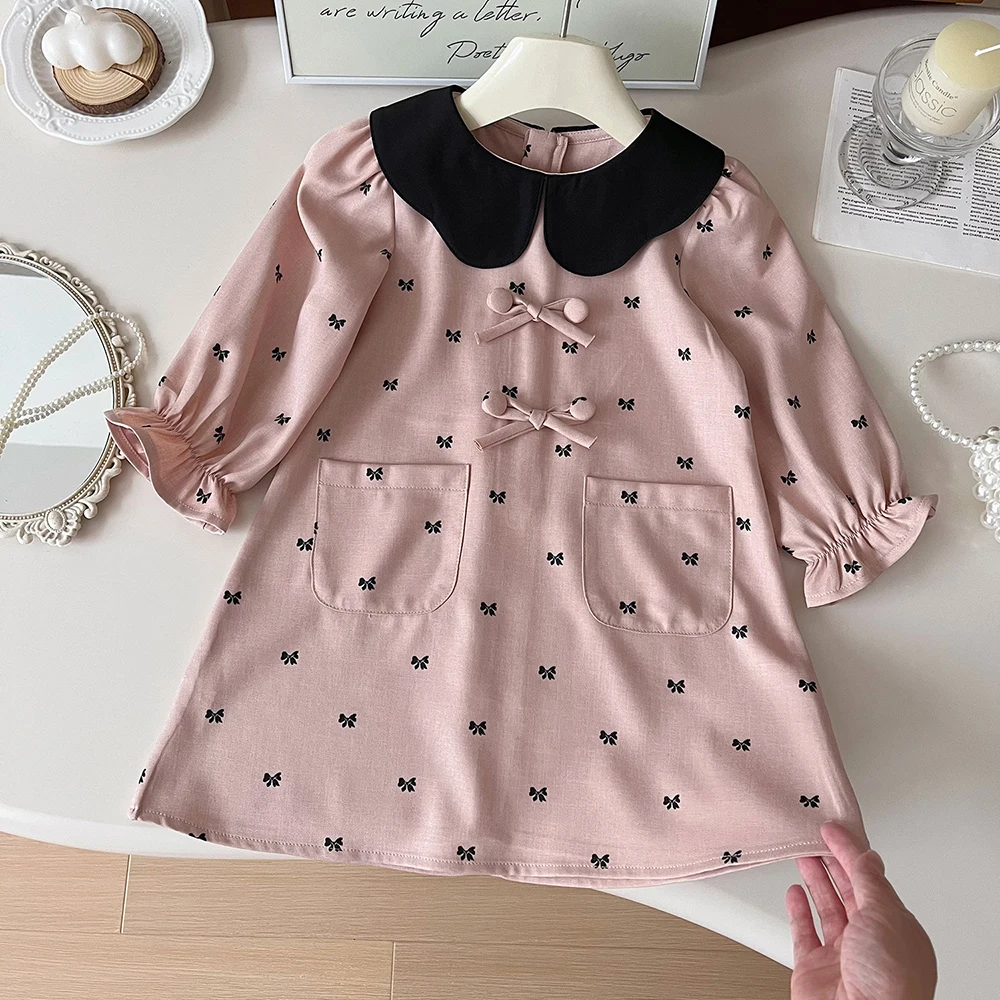 Milangel-vestidos de otoño para niños, ropa de princesa de retazos, dulce vestido de lazo con cuello Peter Pan para niñas de 2 a 7 años, novedad - imagen 3