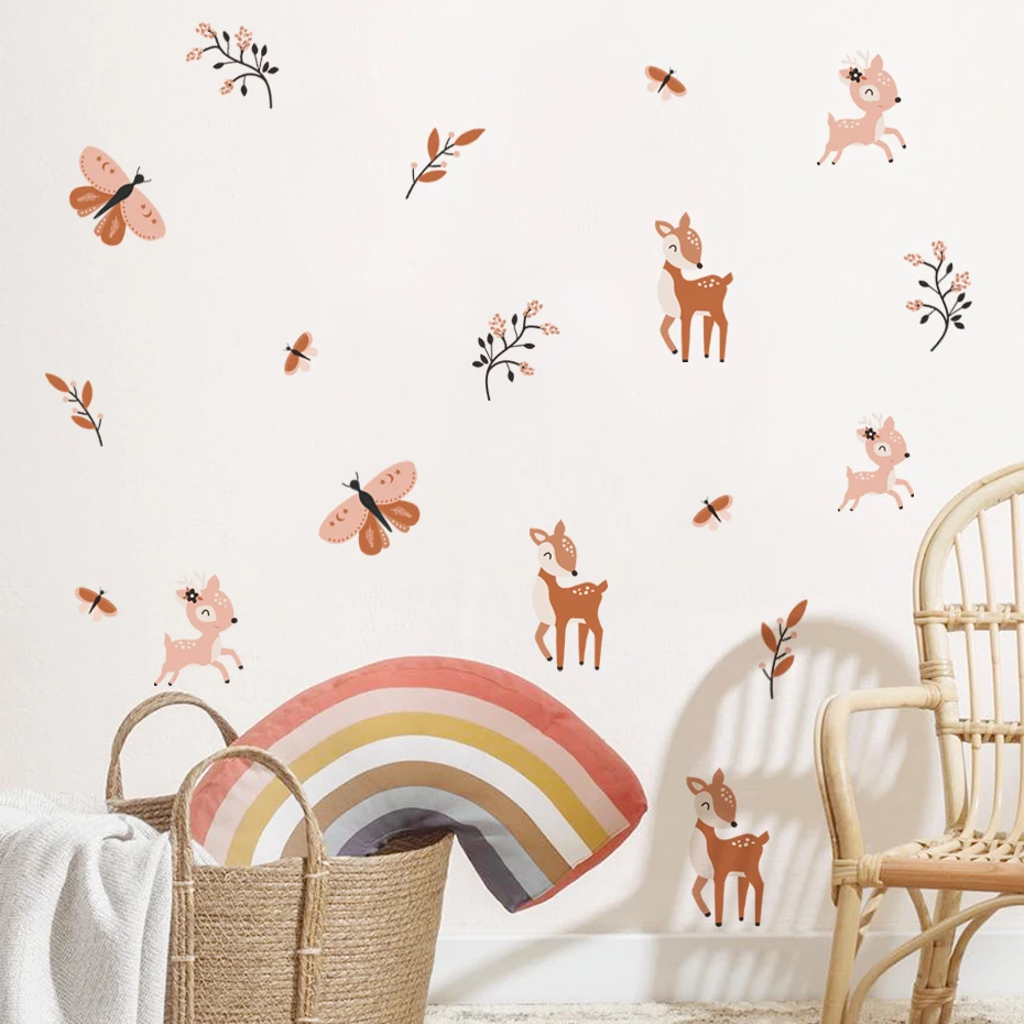 Vinilo decorativo bohemio ciervo Sika mariposas acuarela cuarto infantil - imagen 2