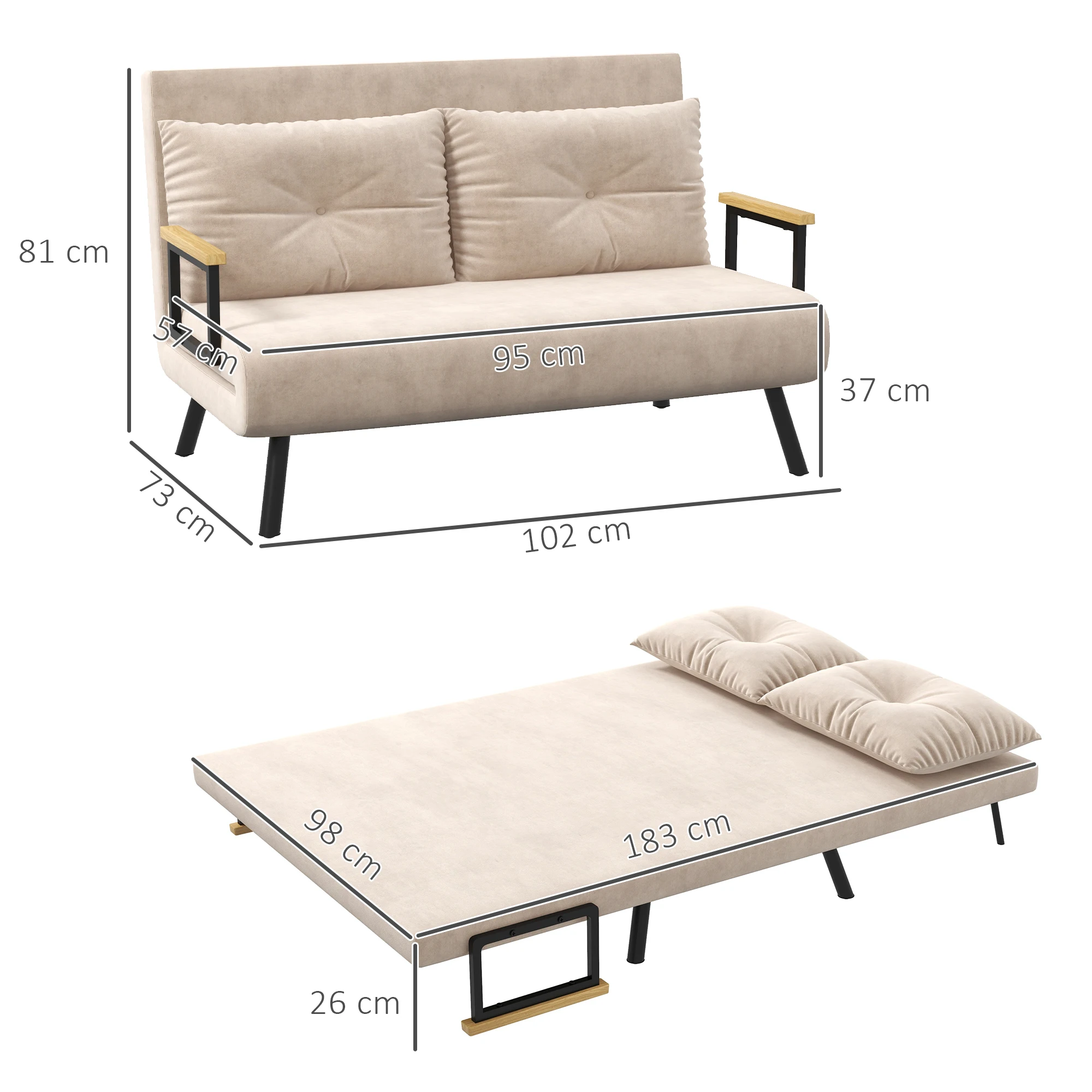 HOMCOM Sofá Cama Convertible 3 en 1 Sillón Cama de 2 Plazas Plegable con Respaldo Ajustable de 5 Niveles y 2 Almohadas Acolchadas para Oficina Dormitorio Salón 102x73x81 cm - imagen 3