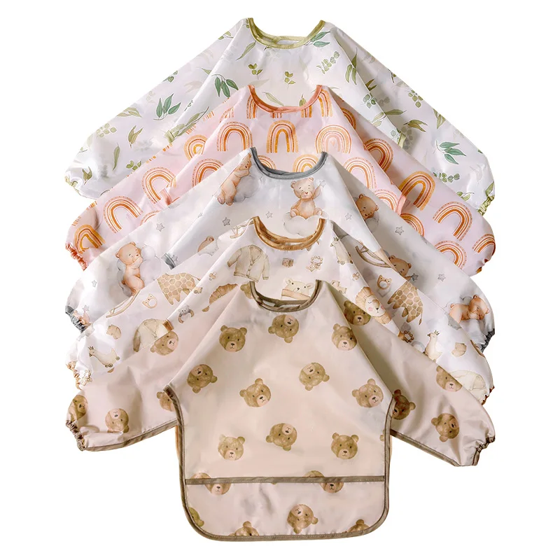 Babero impermeable de manga larga, ropa de alimentación de bebé, delantal con bolsillo grande para niños, ropa protectora, Baberos, ropa infantil con estampado de dibujos animados