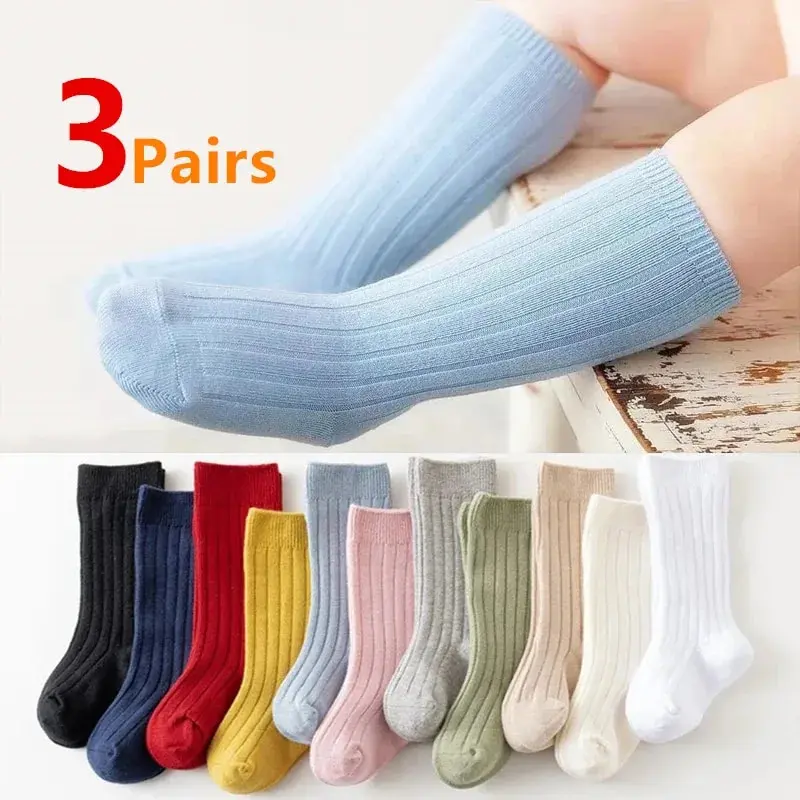 3 par/lote calcetines hasta la rodilla para bebés niños niñas calcetín largo de algodón suave lindo raya española calcetines sólidos para niños de 0 a 8 años - imagen 5