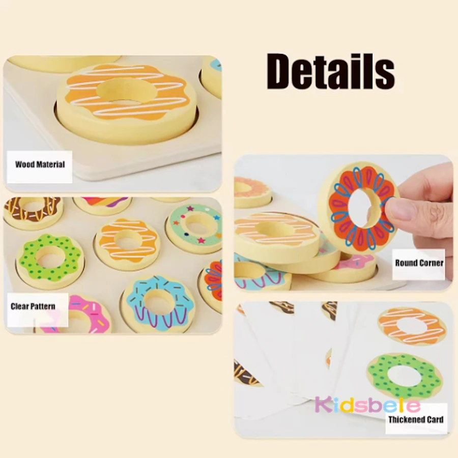 Juego cognitivo Montessori de Color Donut de madera, juguete sensorial emparejado de Donut, juguete interactivo para fiesta de aprendizaje temprano preescolar para niños pequeños - imagen 5