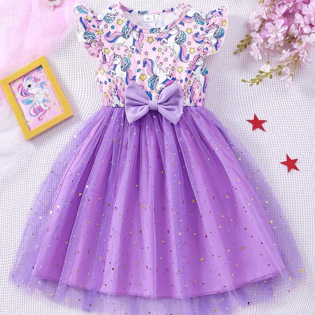 2024 niños niñas vestido ropa de manga corta Casual lindo niñas ropa unicornio mariposa niños vestido para niños 3 4 5 6 7 años - imagen 3