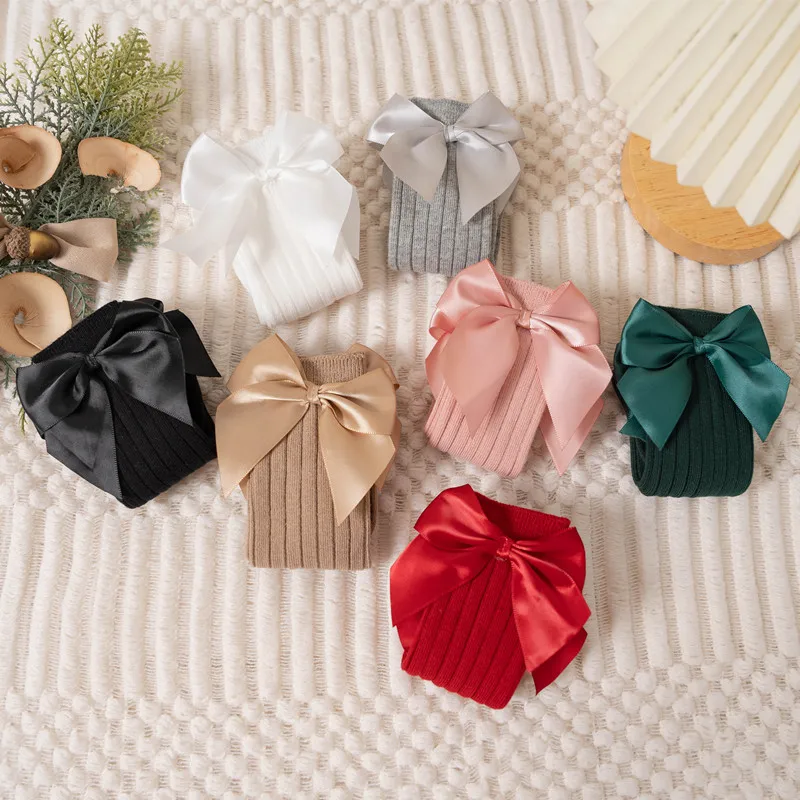 Calcetines para niñas, Otoño Invierno, niños, lazo grande hasta la rodilla, largos, suaves, lindos calcetines de Navidad para niños, calcetines rojos de algodón para recién nacidos de 0 a 8 años - imagen 5