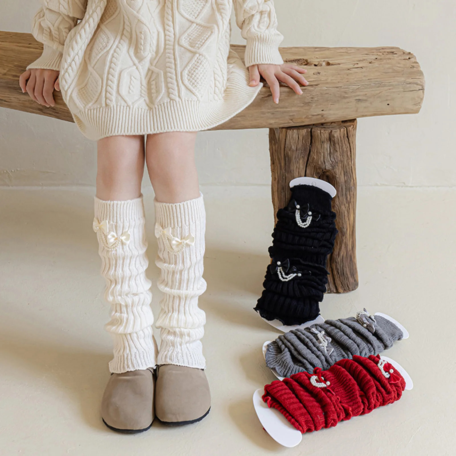 Suefunskry Calentador de piernas de punto para niñas, elegante lazo con perlas, cubierta de pantorrilla, calcetines para botas, ropa de calle para fiesta diaria