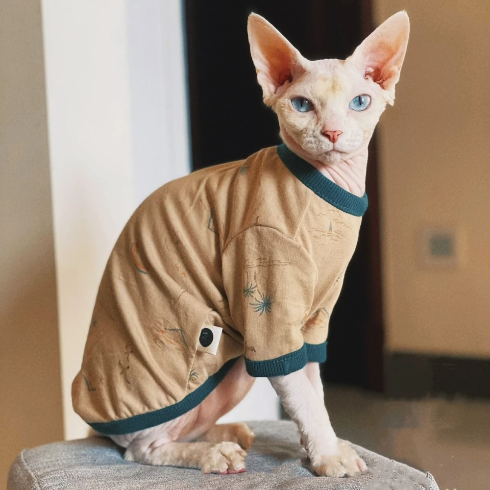 Ropa de gatos Camisa de dibujos animados de algodón de primavera para Sphynx Abrigo de manga larga para gatitos Sudadera caqui de moda de verano para Devon Rex - imagen 2