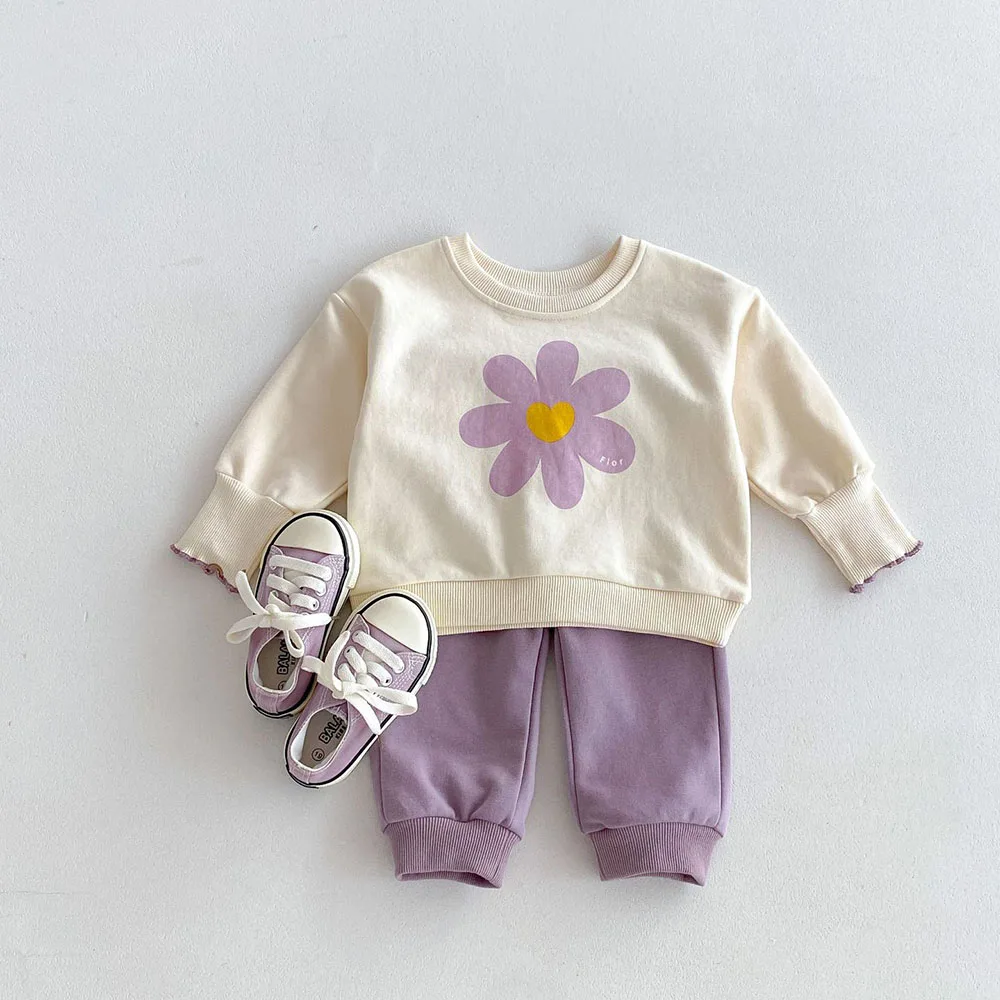 Milangel-Conjunto de Sudadera con capucha y estampado de flores para niño, traje de 2 piezas con cuello redondo y pantalones, estilo coreano, para otoño